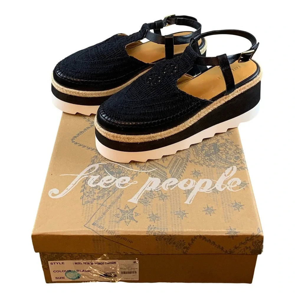 Free People Morning In Mykonos Espadrille Sandals Black Crochet Platform Size 9